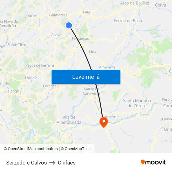 Serzedo e Calvos to Cinfães map