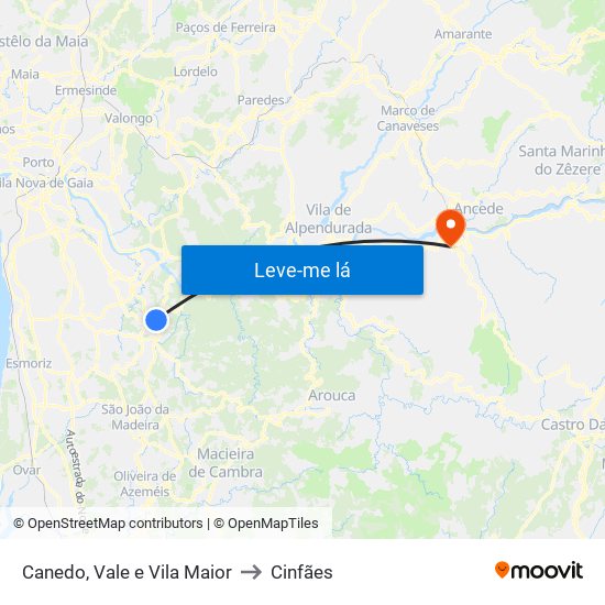 Canedo, Vale e Vila Maior to Cinfães map