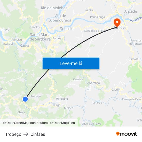 Tropeço to Cinfães map