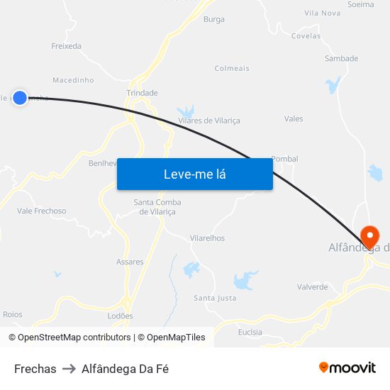 Frechas to Alfândega Da Fé map