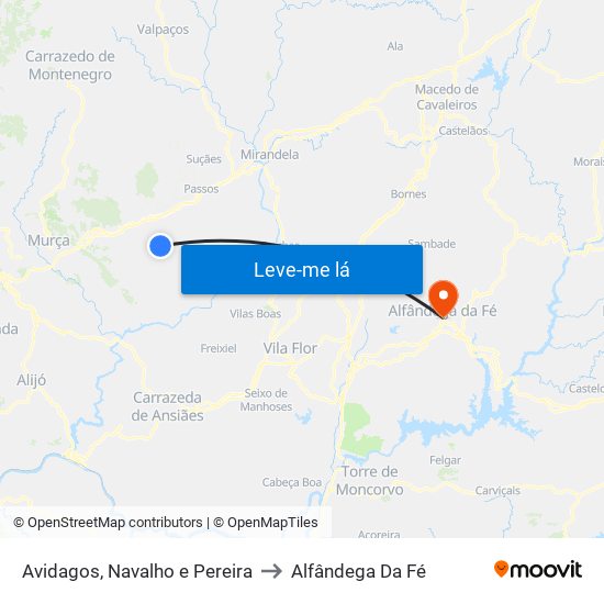 Avidagos, Navalho e Pereira to Alfândega Da Fé map