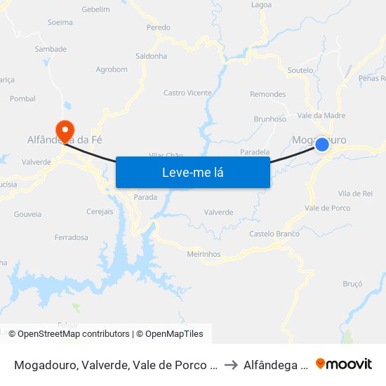 Mogadouro, Valverde, Vale de Porco e Vilar de Rei to Alfândega Da Fé map