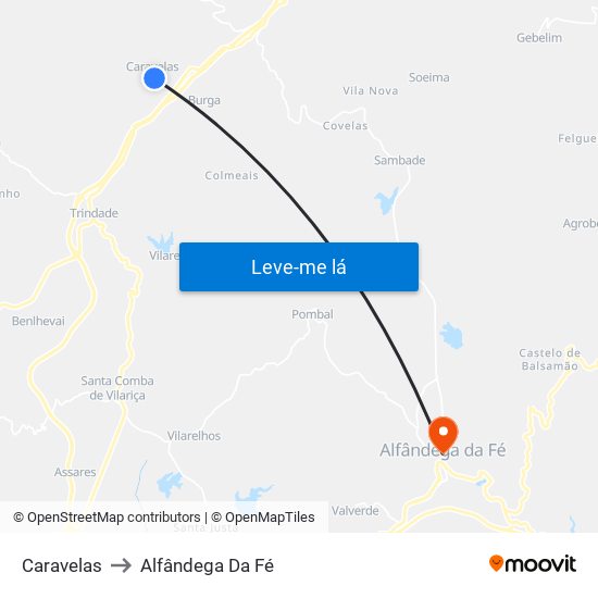 Caravelas to Alfândega Da Fé map