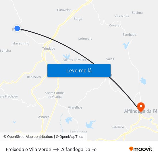 Freixeda e Vila Verde to Alfândega Da Fé map