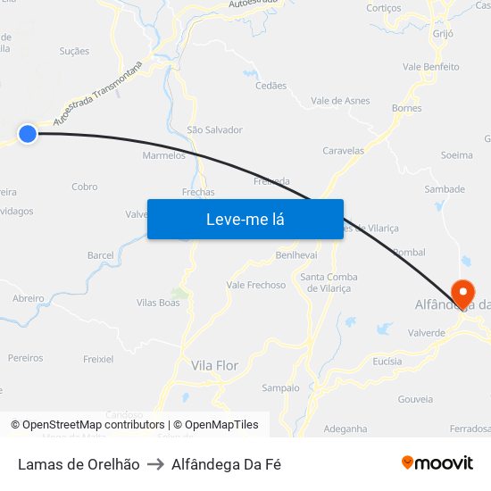 Lamas de Orelhão to Alfândega Da Fé map