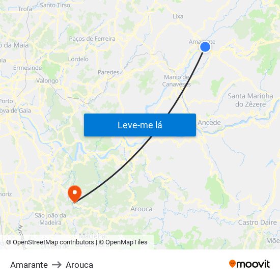 Amarante to Arouca map