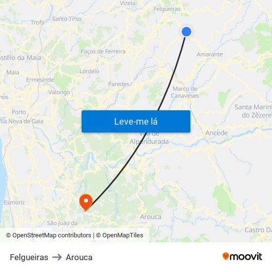 Felgueiras to Arouca map