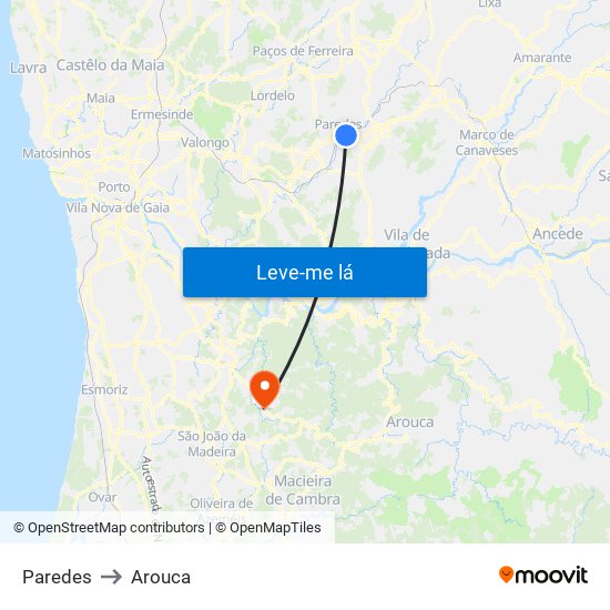 Paredes to Arouca map