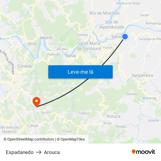 Espadanedo to Arouca map