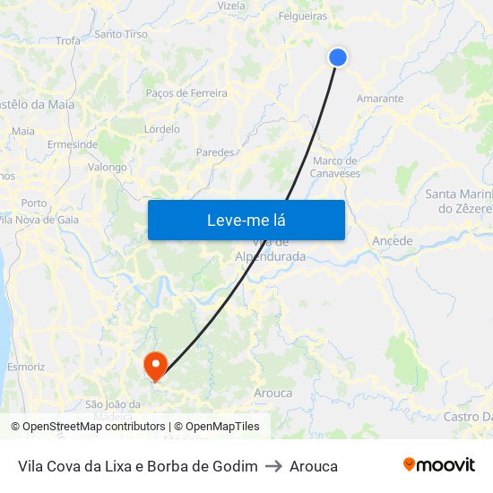 Vila Cova da Lixa e Borba de Godim to Arouca map