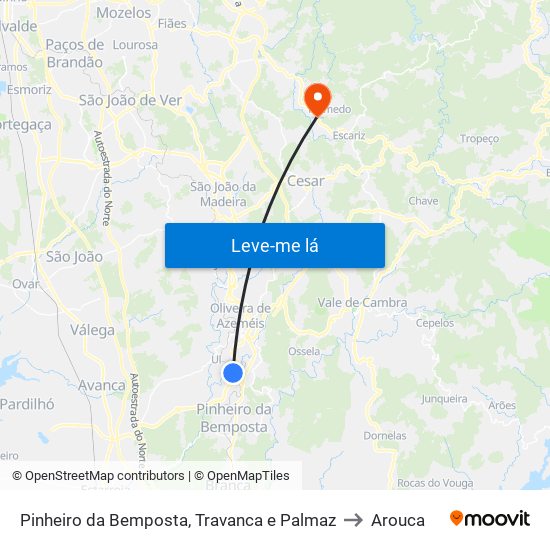 Pinheiro da Bemposta, Travanca e Palmaz to Arouca map