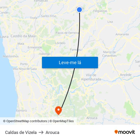 Caldas de Vizela to Arouca map