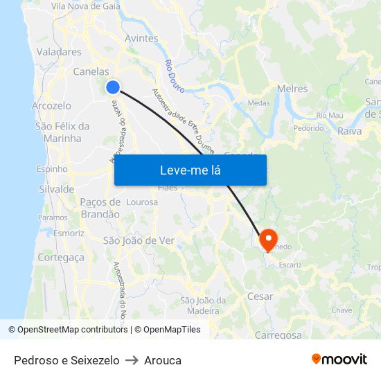 Pedroso e Seixezelo to Arouca map