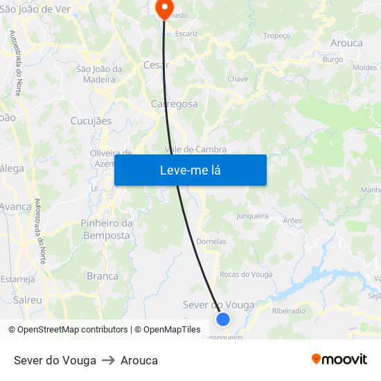 Sever do Vouga to Arouca map