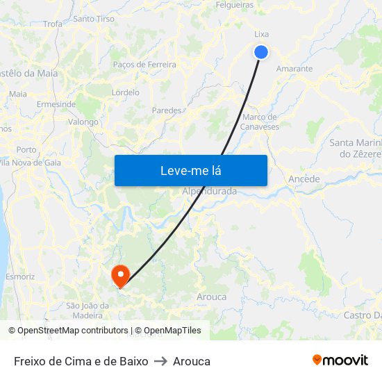 Freixo de Cima e de Baixo to Arouca map