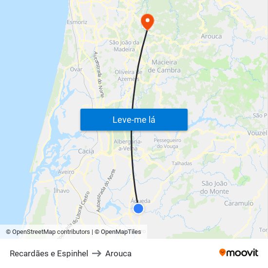 Recardães e Espinhel to Arouca map