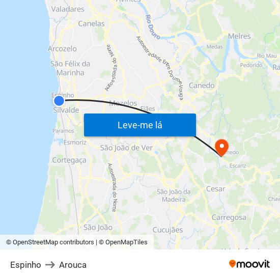 Espinho to Arouca map