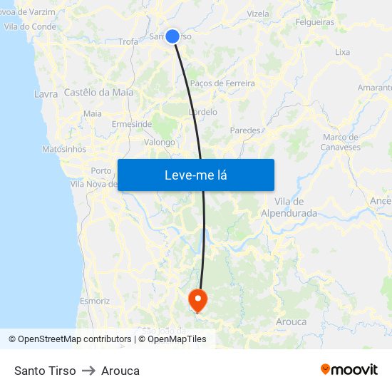 Santo Tirso to Arouca map