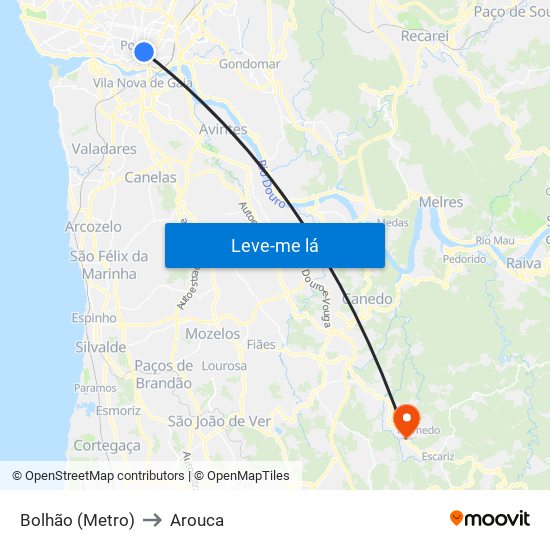 Bolhão (Metro) to Arouca map