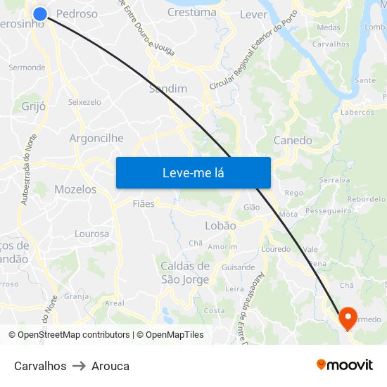 Carvalhos to Arouca map