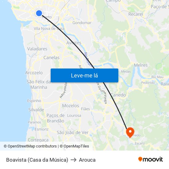Boavista (Casa da Música) to Arouca map