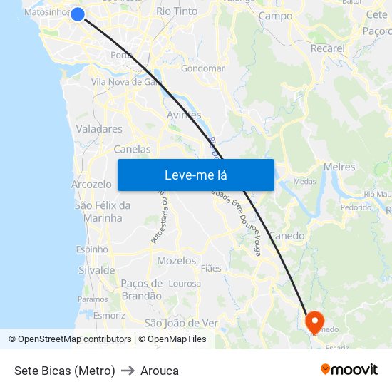 Sete Bicas (Metro) to Arouca map
