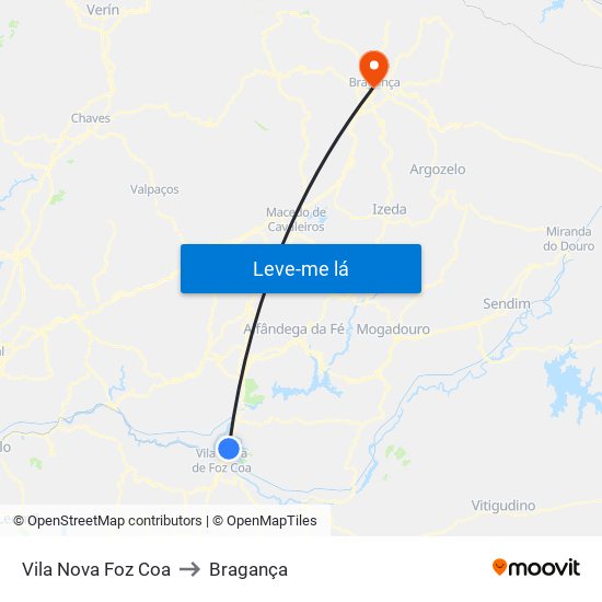Vila Nova Foz Coa to Bragança map