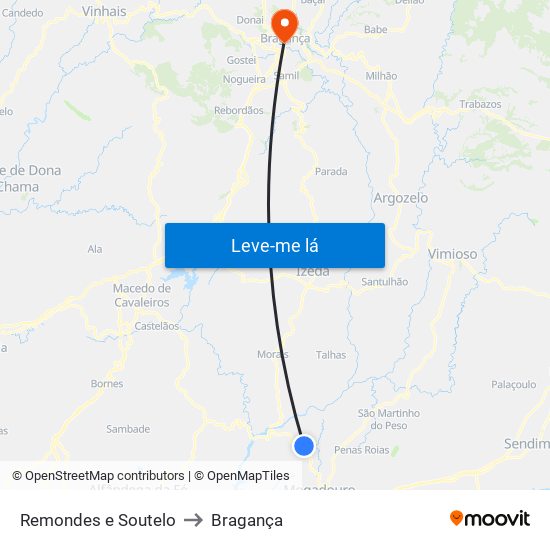 Remondes e Soutelo to Bragança map