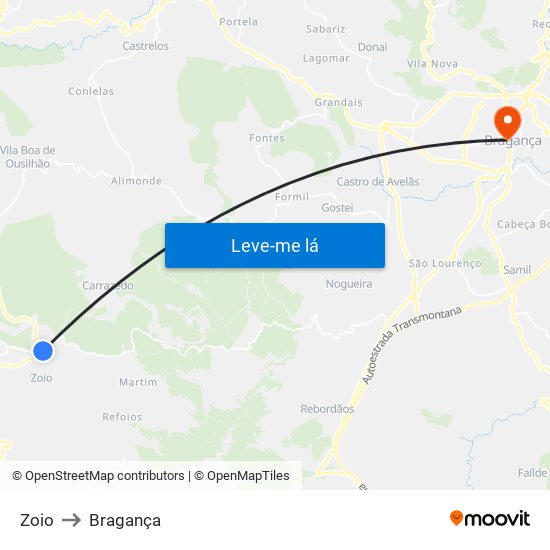 Zoio to Bragança map