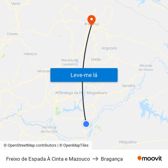 Freixo de Espada À Cinta e Mazouco to Bragança map