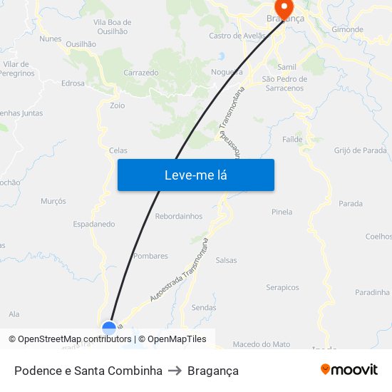 Podence e Santa Combinha to Bragança map