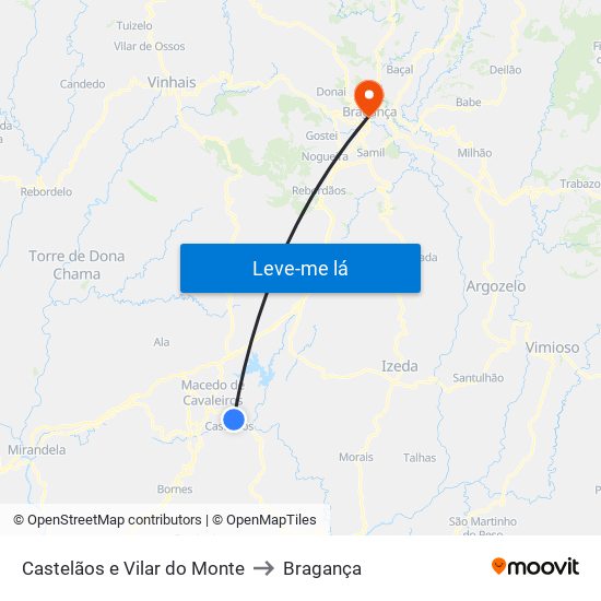 Castelãos e Vilar do Monte to Bragança map