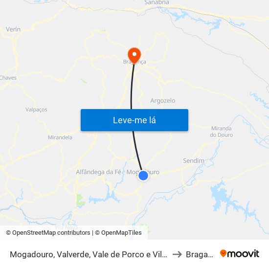 Mogadouro, Valverde, Vale de Porco e Vilar de Rei to Bragança map