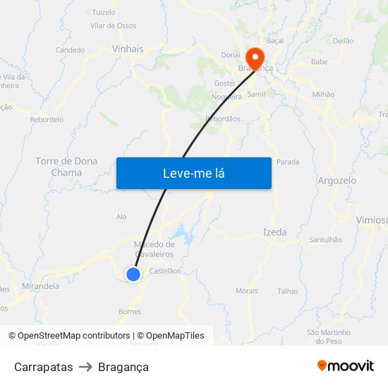 Carrapatas to Bragança map