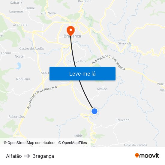 Alfaião to Bragança map