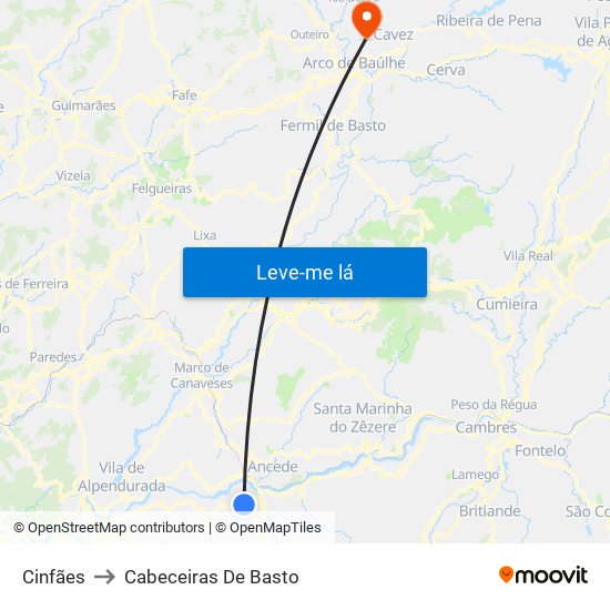 Cinfães to Cabeceiras De Basto map
