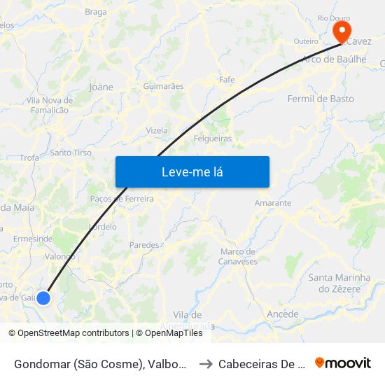 Gondomar (São Cosme), Valbom e Jovim to Cabeceiras De Basto map