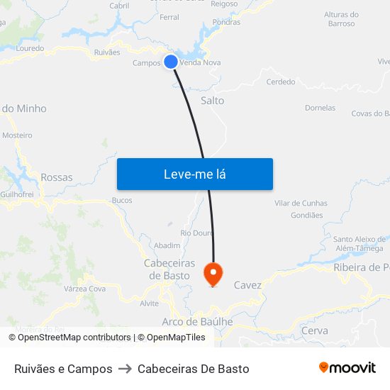 Ruivães e Campos to Cabeceiras De Basto map
