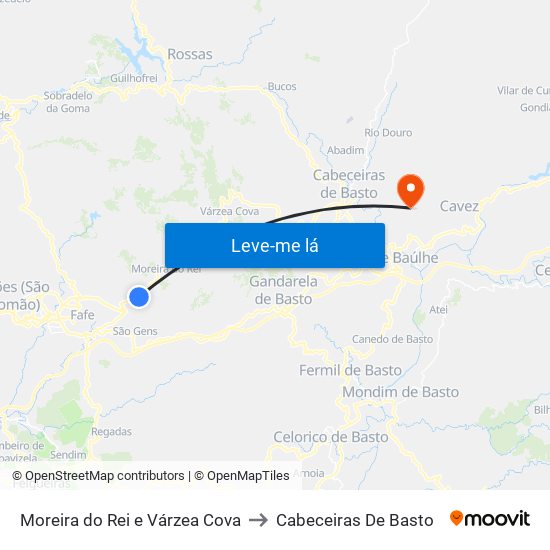 Moreira do Rei e Várzea Cova to Cabeceiras De Basto map