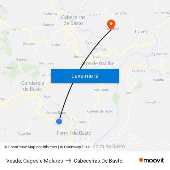 Veade, Gagos e Molares to Cabeceiras De Basto map