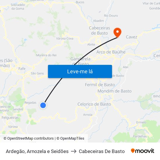 Ardegão, Arnozela e Seidões to Cabeceiras De Basto map