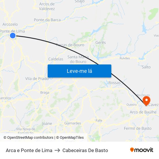 Arca e Ponte de Lima to Cabeceiras De Basto map