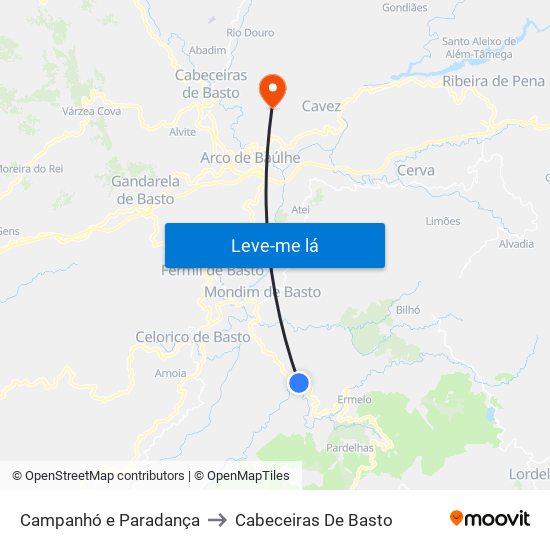Campanhó e Paradança to Cabeceiras De Basto map