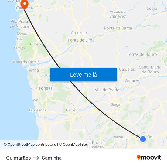 Guimarães to Caminha map