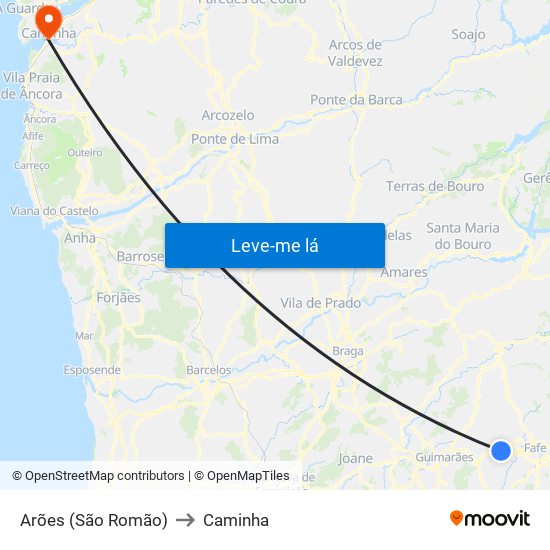 Arões (São Romão) to Caminha map