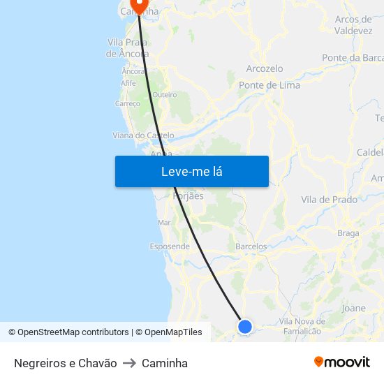 Negreiros e Chavão to Caminha map