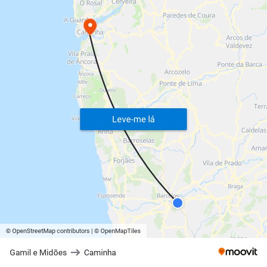 Gamil e Midões to Caminha map