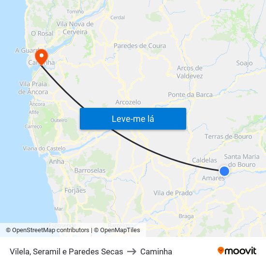 Vilela, Seramil e Paredes Secas to Caminha map