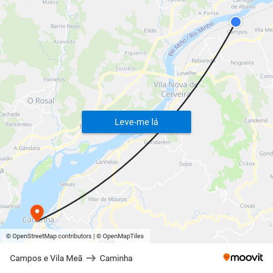Campos e Vila Meã to Caminha map