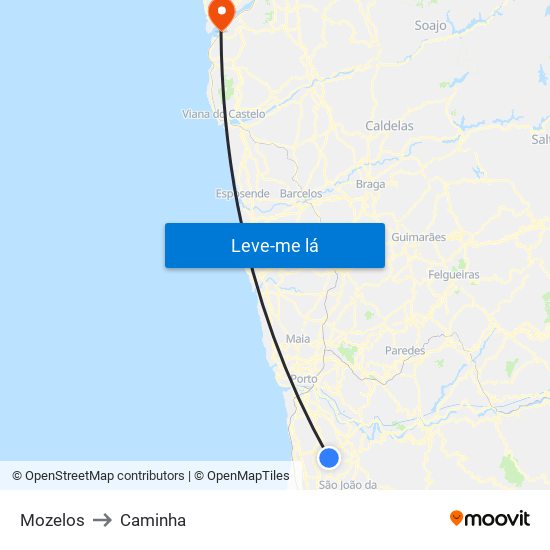 Mozelos to Caminha map